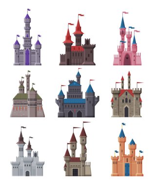 Ortaçağ Taş Kaleleri Koleksiyonu, Antik Güçlendirilmiş Peri Masalı Kaleleri ve Kuleleri Vektör Resimleri