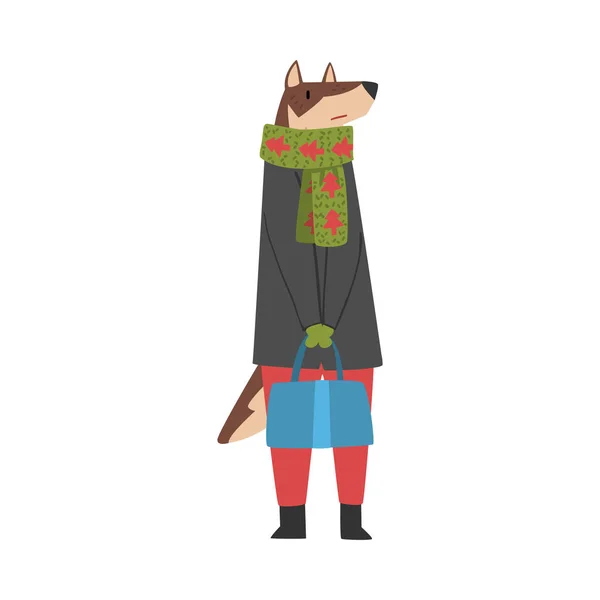 暖かい服を着て犬,女性の人間の森動物キャラクター漫画ベクトルイラスト — ストックベクタ