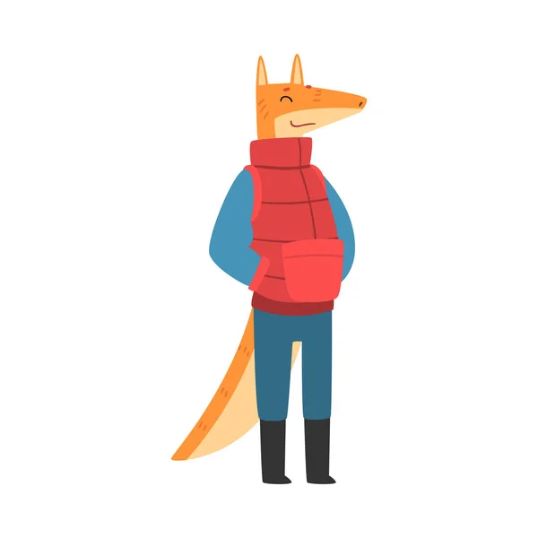 暖かい冬服を着てフォックス、人間の森動物漫画キャラクターベクトルイラスト — ストックベクタ