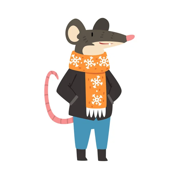 暖かい冬服を着てマウス、人間の森の動物の漫画のキャラクターベクトルイラスト — ストックベクタ