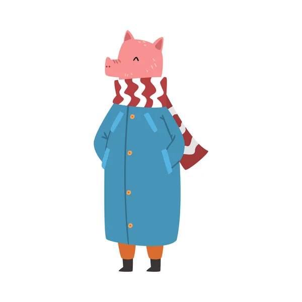 Roupas de inverno quentes do desgaste do porco, ilustração humanizada fêmea do vetor do caráter dos desenhos animados do animal da fazenda —  Vetores de Stock