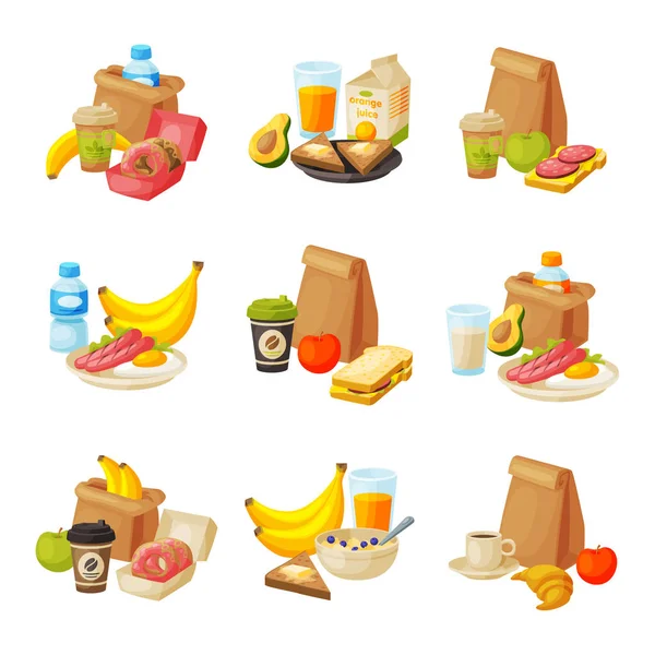 Embalaje de papel con set de desayuno saludable, escuela niños almuerzo bolsas vectorial ilustración — Vector de stock
