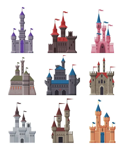 Colección de castillos medievales de piedra, antiguas fortalezas y palacios de cuento de hadas fortificados con torres Vector Illustration — Vector de stock