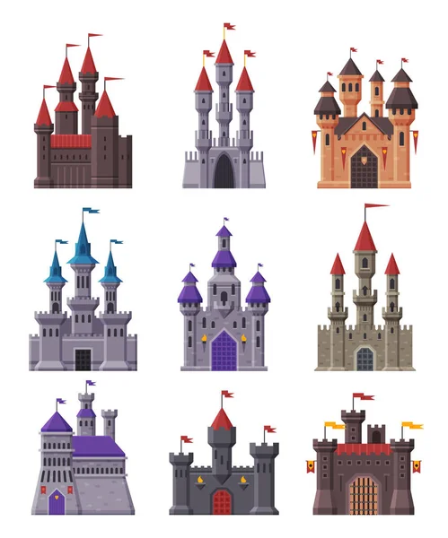 Colección de castillos medievales de cuento de hadas, antiguas fortalezas fortificadas y palacios con torres Vector Ilustración — Archivo Imágenes Vectoriales