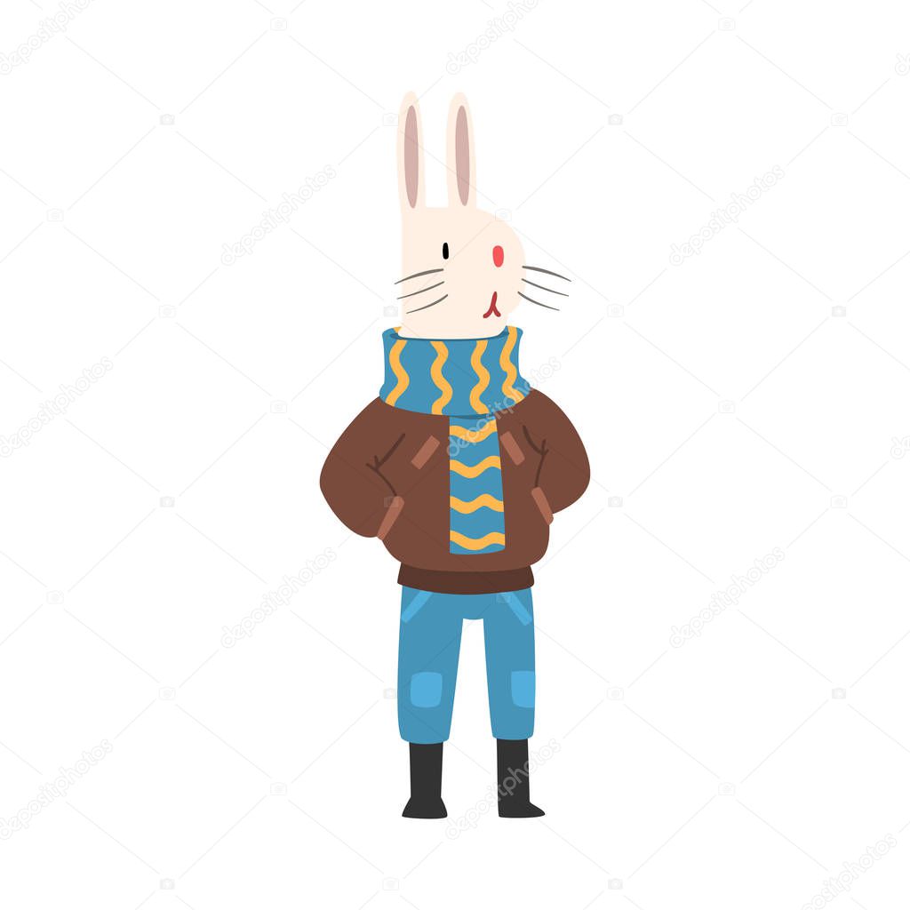 White Rabbit Wearing Warm Winter Clothes, Humanized Forest Animal Cartoon Vector illustration