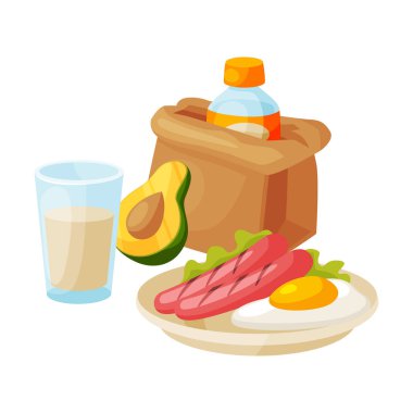 Sağlıklı Kahvaltı, Bir şişe içecek, Avokado, Sosis ve Tabak Vektörü İllüstrasyonunda Kızarmış Yumurta Paketi
