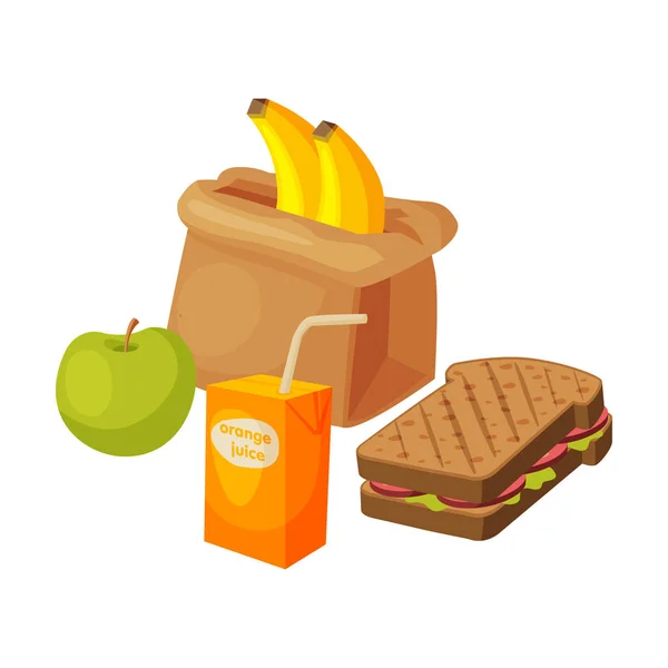 Paper Bag Package with Healthy Breakfast, Orange Juice, Apple, Banana, Sandwich Vector Illustration — Stock Vector