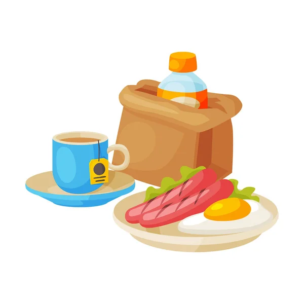 Sağlıklı kahvaltı, bir şişe su, bir fincan çay, sosis ve tabak taşıyıcı resimli kızarmış yumurta içeren kağıt poşet. — Stok Vektör