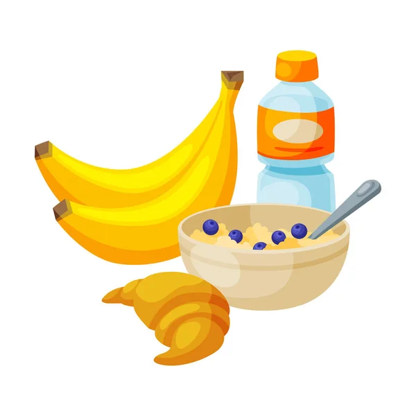 Gezond ontbijt, Bananen, Plastic fles water, Keramische schaal van pap, Croissant Vector Illustratie — Stockvector