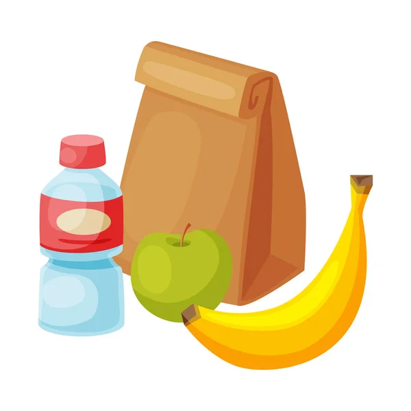 Sağlıklı Kahvaltı Paketi, Plastik Su Şişesi, Elma, Muz Vektörü İllüstrasyonu — Stok Vektör