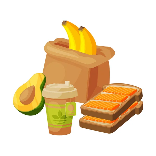 Пакет бумажная сумка с здоровым завтраком, картонная чашка чая, авокадо, бананы, векторная иллюстрация сэндвич — стоковый вектор
