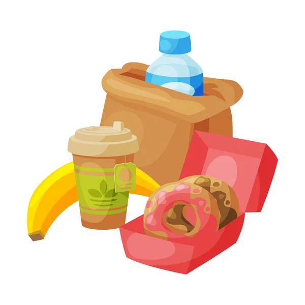 Papieren zak met gezond ontbijt, plastic fles water, kartonnen kop thee, banaan, Donuts Vector Illustratie — Stockvector
