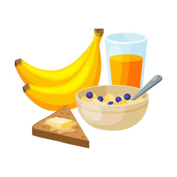 Café da manhã saudável, Bananas, Copo de Suco, Cerâmica tigela de mingau de cereal, Pão com Butter Vector Ilustração —  Vetores de Stock