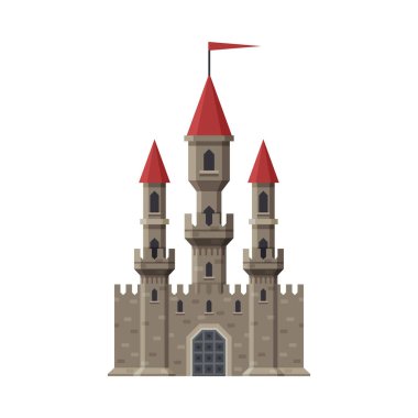Kuleleri ve Bayrağı olan Ortaçağ Peri Masalı Şatosu, Antik Güçlendirilmiş Saray Dış Vektör İllüzyonu
