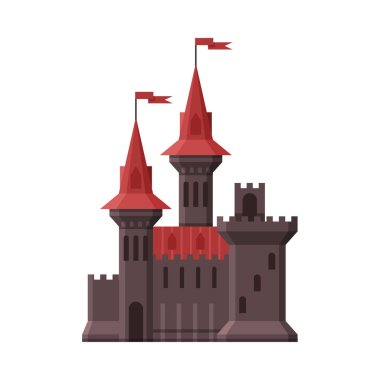Ortaçağ Şatosu, Kızıl Bayraklı Taş Kale, Antik Güçlendirilmiş Saray Dış Vektör İllüzyonu