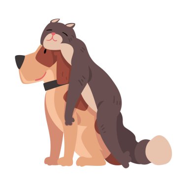 Komik Kedi Köpekler Sırtüstü Uzanıyor, Mutlu Hayvanlar Karakterleri En İyi Arkadaş Vektör illüstrasyonudur