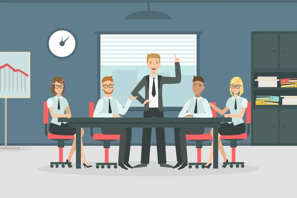 Business Meeting en Teamwork, Office People Exchange Ideas, Zakenman spreken voor zijn collega 's Vector illustratie — Stockvector