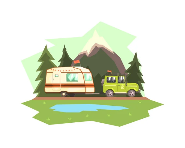 Car Towing Caravan Trailer Against Mountain Landscape Vector illustration — Stock Vector