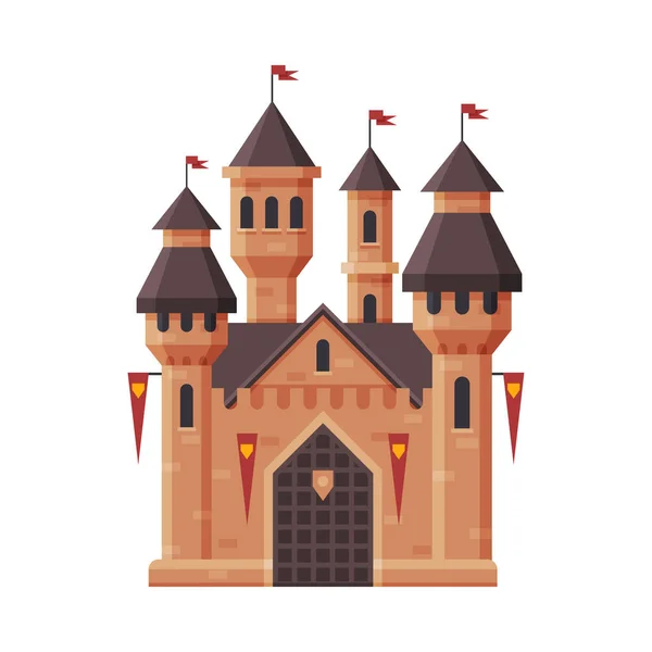 Castillo medieval, fortaleza de cuento de hadas con torres y banderas rojas, antiguo palacio fortificado Ilustración vectorial exterior — Vector de stock