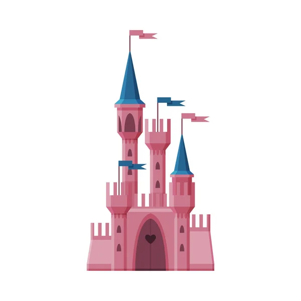 Roze Middeleeuws Sprookjeskasteel, Fort met torens, Oud Versterkte Paleis Exterieur Vector Illustratie — Stockvector