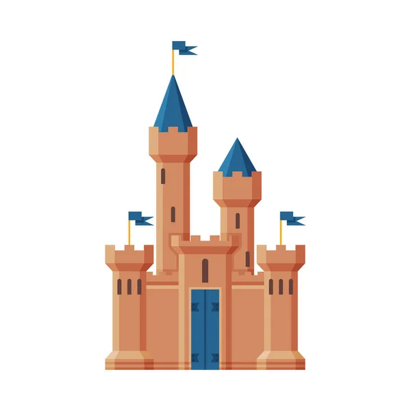 Mittelalterliche Burg, märchenhafte Festung mit blauen Türmen, alte steinerne befestigte Palastvektorillustration — Stockvektor