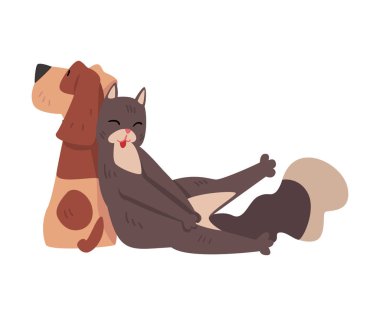 Komik Kedi Köpeğin Üzerinde Uyuyor, Mutlu Hayvan Karakterleri En İyi Arkadaş Vektör illüstrasyonudur