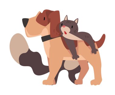 Komik Kedi Köpeğin Üzerinde Uzanıyor, Mutlu Hayvanlar Karakterleri En İyi Arkadaş Vektör illüstrasyonudur