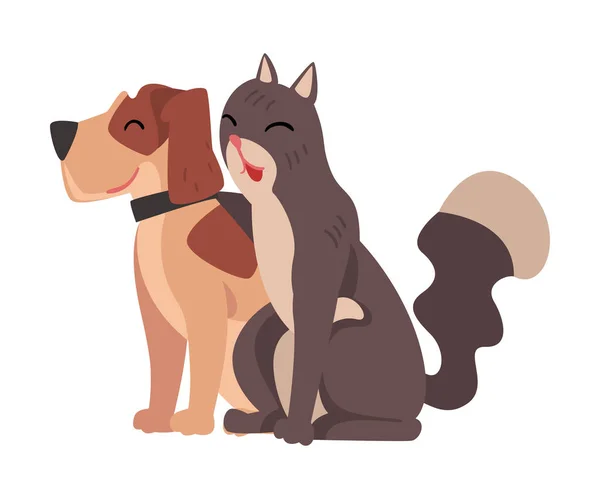 Funny Cat and Dog Sitting Together, Happy Pets Animals Characters are Best Friends Vector illustration — 스톡 벡터