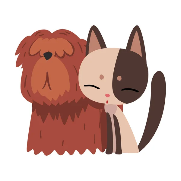Gato e cão sentados juntos, adoráveis animais de estimação personagens são melhores amigos ilustração vetorial — Vetor de Stock