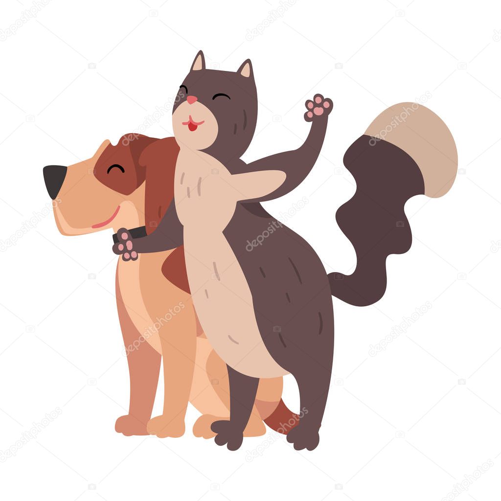 Funny Cat and Dog Hugging, Happy Pets Animals Characters are Best Friends Vector illustration