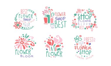 En İyi Çiçekçi Retro Etiketleri Koleksiyonu, Renkli El Çizimi Rozet Gösterimi