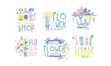 En İyi Çiçekçi Retro Etiketleri Koleksiyonu, Renkli El Çizimi Grafik Şablonları Vektör Resimleri