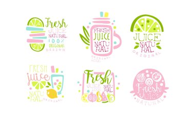 Taze Meyve Suyu Orijinal Logo Koleksiyonu, Doğal Ürün Renkli El Etiketleri Vektör Resimleri