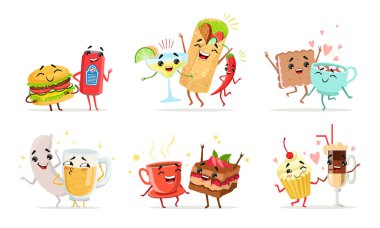 Sonsuza Dek Arkadaş Koleksiyonu, Sevimli Komik Yemek ve İçki Çizgi Film Karakterleri En İyi Arkadaş Vektör İllüzyonu