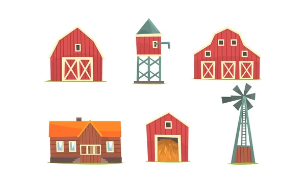 Sammlung landwirtschaftlicher Gebäude, landwirtschaftliche Industrie und ländliche Elemente, Haus, Scheune, Siloturm, Windradvektorillustration — Stockvektor