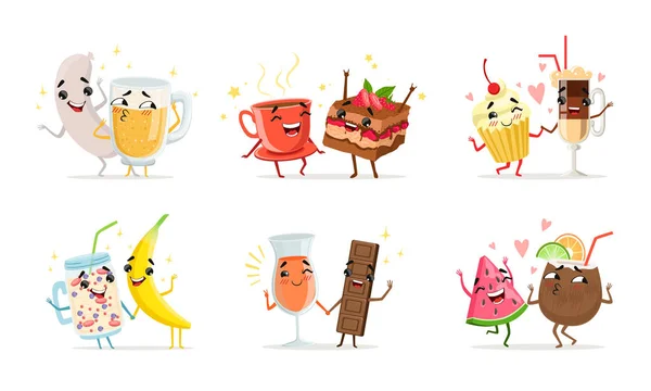 Kolekcja Zawsze Przyjaciele, Cute Funny Food and Drink Postacie z kreskówek, Uśmiechnięty Najlepsi Przyjaciele Wektor Ilustracja — Wektor stockowy