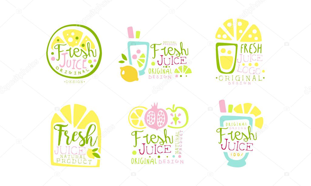 Fresh Juice Original Design Labels Collection, Natural Product Colorful Hand Drawn Badges Vector Illustration
