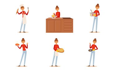 Neşeli Kadın Yemek Pişiriyor ve Pişiriyor Ev Kadınları Mutfak Vektörü Resimlerinde Yemek Hazırlıyor