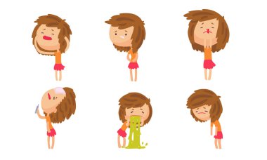 Farklı semptomlardan muzdarip Hasta Kız Koleksiyonu, Yüksek Ateş, Zayıflık, Mide Ache, Burun Kanaması, Baş Ağrısı Vektörü İllüstrasyonu