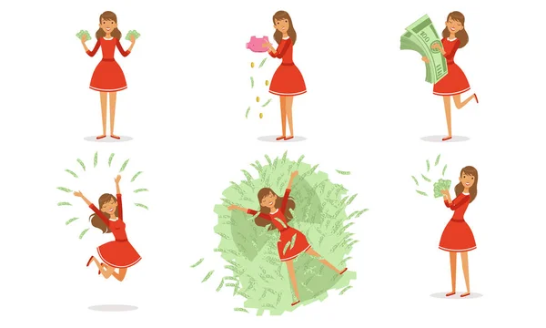 Beautiful Rich Woman Set, Girl Millionaire Character Counting and Bathing in her Money, Financial Success Vector Illustration — Stock Vector