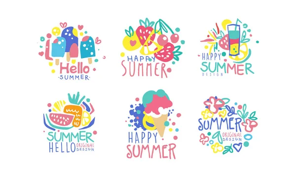 Hello Summer Original Design Labels Collection, Colorful Hand Drawn Graphic Templates Vector Illustration — ストックベクタ