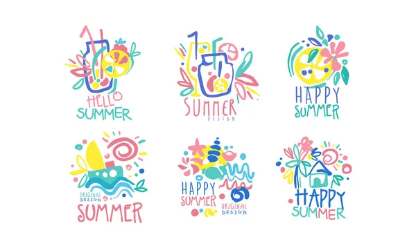 Hello Happy Summer Original Design Labels Collection, Colorful Hand Drawn Templates Vector Illustration — ストックベクタ