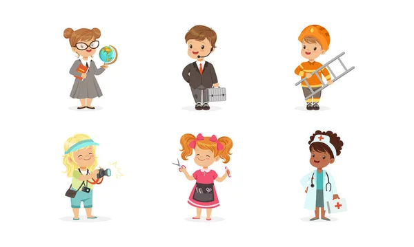 Cute Kids of Various Professions Set, Professor, Empresário, Bombeiro, Fotógrafo, Cabeleireiro, Doutor Vector Ilustração — Vetor de Stock
