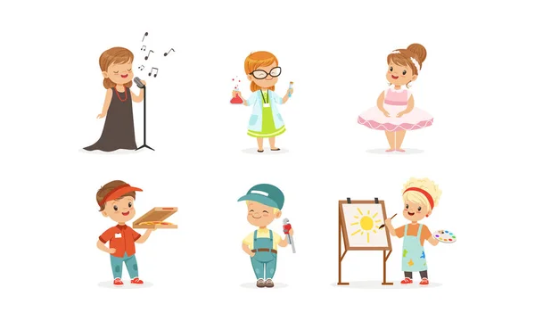 Cute Kids of Various Professions Set, Singer, Scientist, Ballerina, Pizza Courier, Plumber, Artist Vector Illustration — стоковий вектор