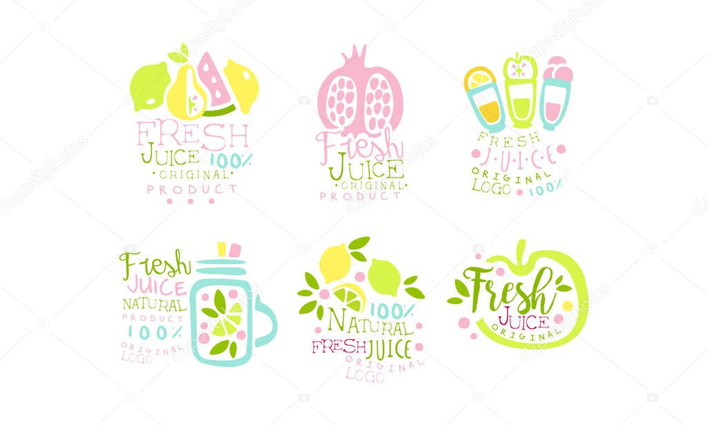 Juice Original Product Logo Collection, Natural Fresh Drink Colorful Hand Drawn Labels Vector Illustration