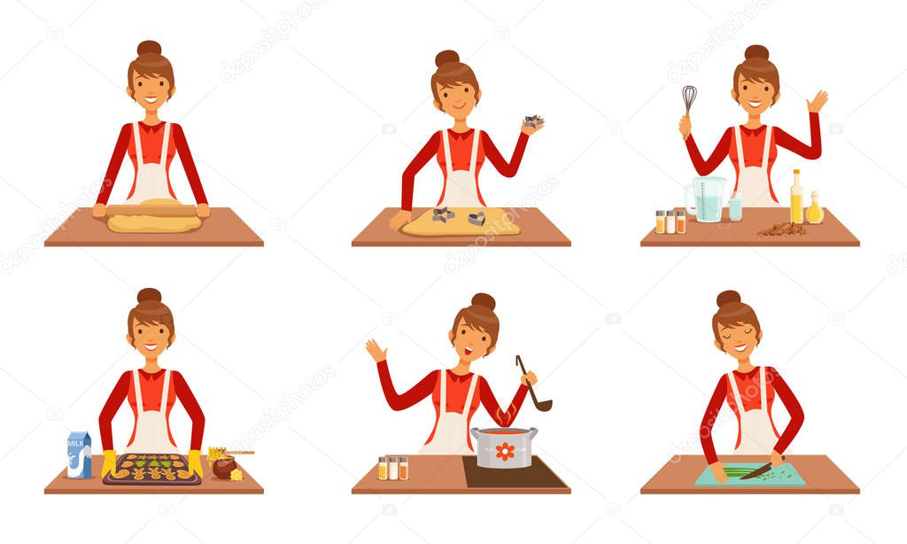 Young Woman Cooking and Baking Set, Housewife Preparing Food in the Kitchen Vector Illustration