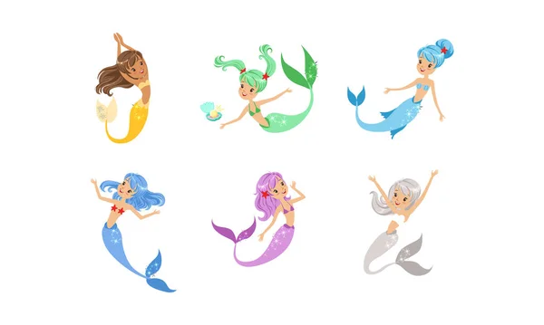 Coleção de sereias bonito, princesas do mar adorável com cabelos coloridos e caudas Vector Ilustração —  Vetores de Stock