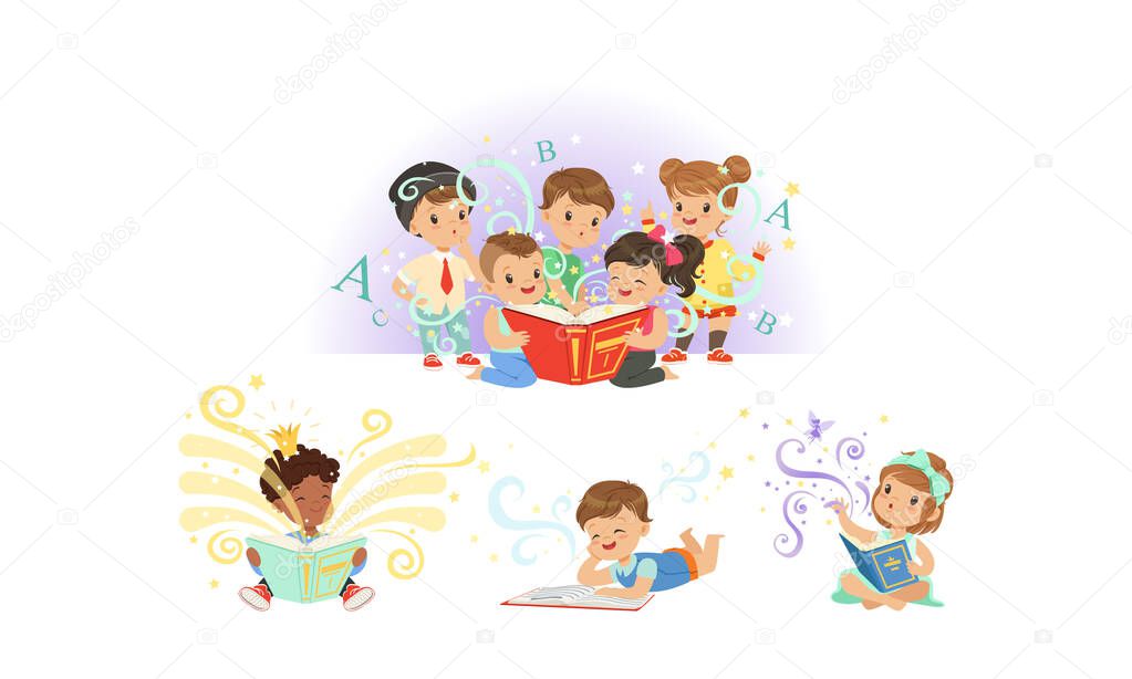 Adorable Little Kids Reading Fairy Tale Books Collection Vector Illustration