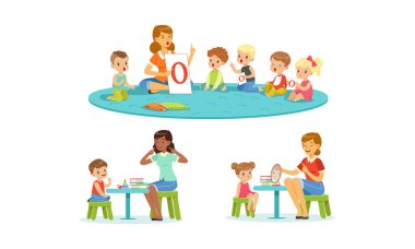 Anaokulunda ya da Okul Vektörü İllüstrasyonunda Çocuklar, Oğlanlar ve Kızlara Alfabeyi Açıklayan Konuşma Terapisti