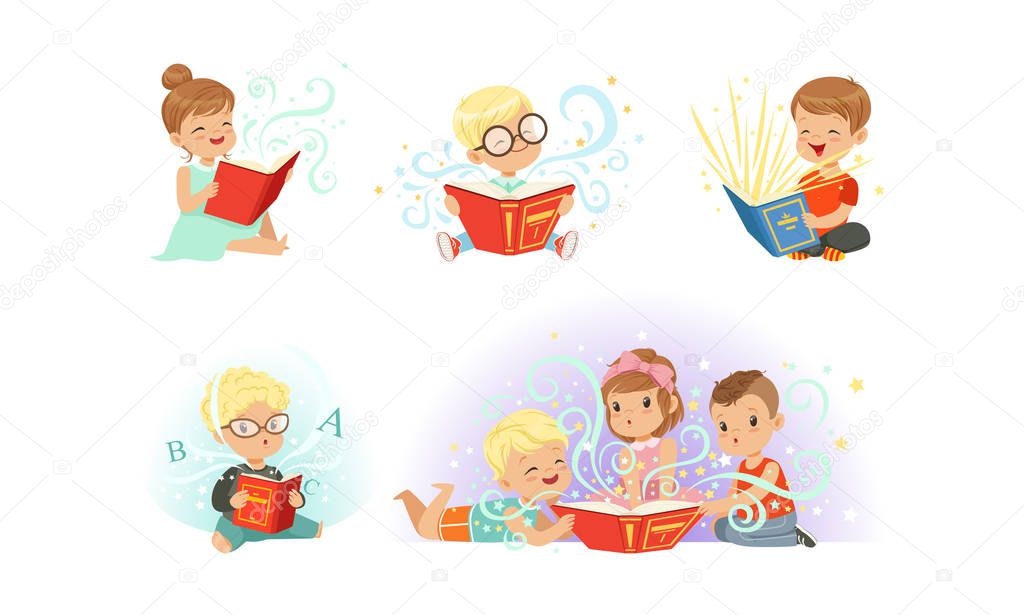 Adorable Little Boys and Girls Reading Fairy Tale Books Collection, Kids Fabulous Imagination Vector Illustration